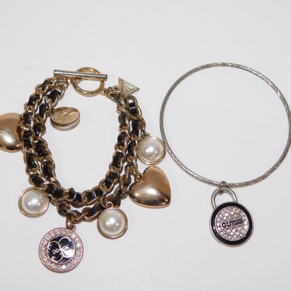 Set 2 GUESS Bracelets Bangle & Charm Gold Silver Tone hearts half Pearl Jewelry - Picture 1 of 8